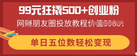 99元狂撬500+创业粉,单日五位数轻松变现,网创朋友圈投放教程|轻创终点站